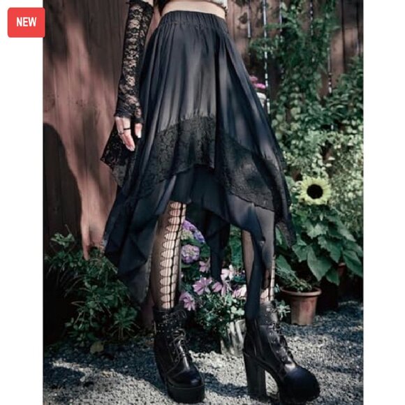 Gothic Lace Midi Skirt Asymmetrical A-Line High Waist Steampunk - Picture 5 of 8